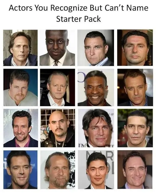 The image displays a 4x4 grid of 16 headshot portraits of male actors. Each actor has a neutral or slightly smiling…