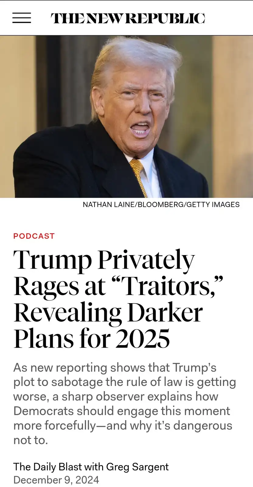 The image shows a screenshot of a The New Republic article titled 'Trump Privately Rages at “Traitors,” Revealing Darker…