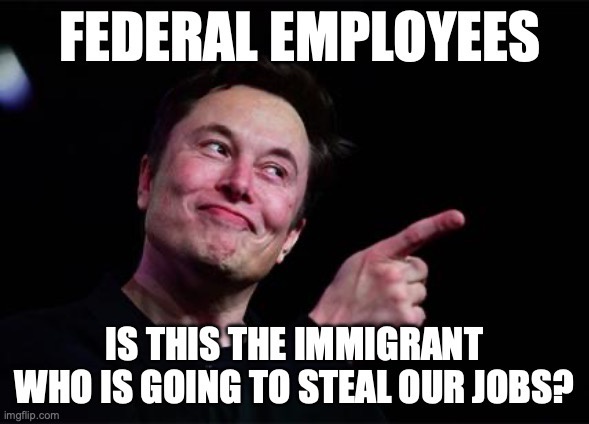 A man with a smug expression, pointing to the side, overlaid with bold white text reading 'FEDERAL EMPLOYEES' at the top and…