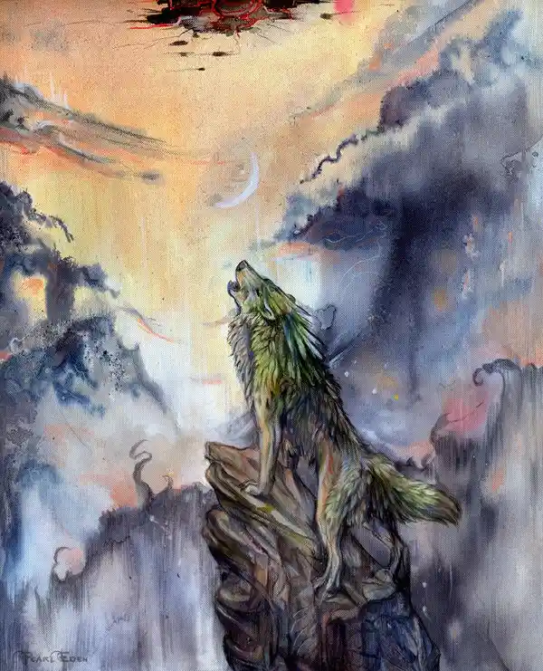 A painting depicts a green-furred wolf howling from atop a rocky outcrop against a dramatic, cloudy sky with a crescent…