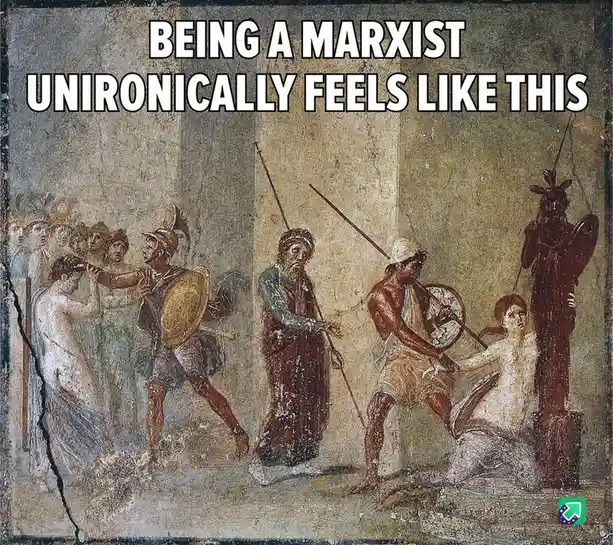 An ancient fresco depicts a chaotic scene with Roman soldiers and figures in classical attire, some holding spears and…