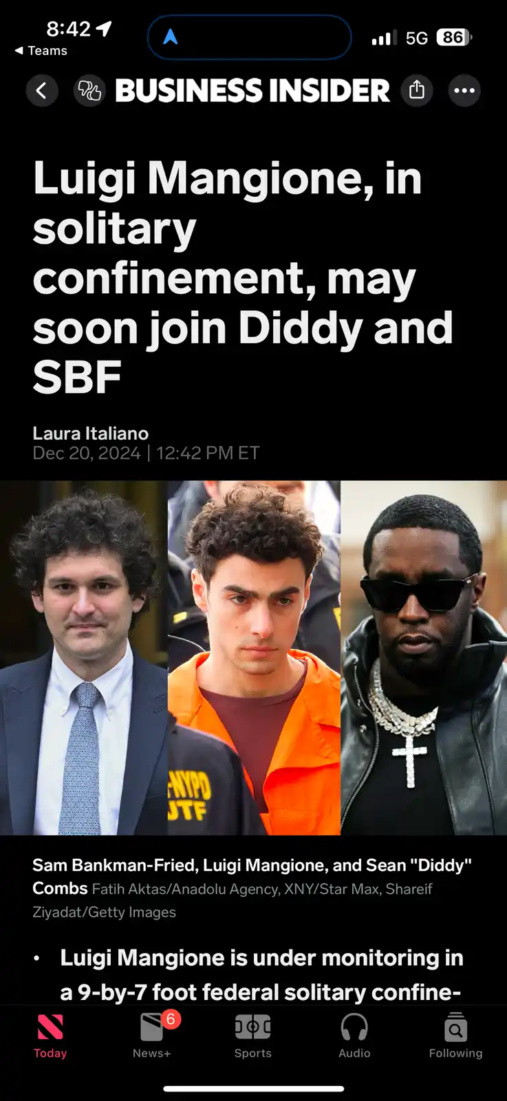 A screenshot of a Business Insider article shows three men side-by-side: Luigi Mangione in a suit, Luigi Mangione in an…