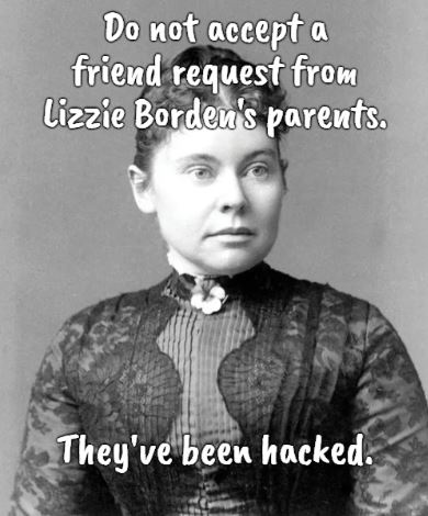 A black-and-white portrait of Lizzie Borden, a woman from the late 19th century wearing a high-collared dress with lace and…