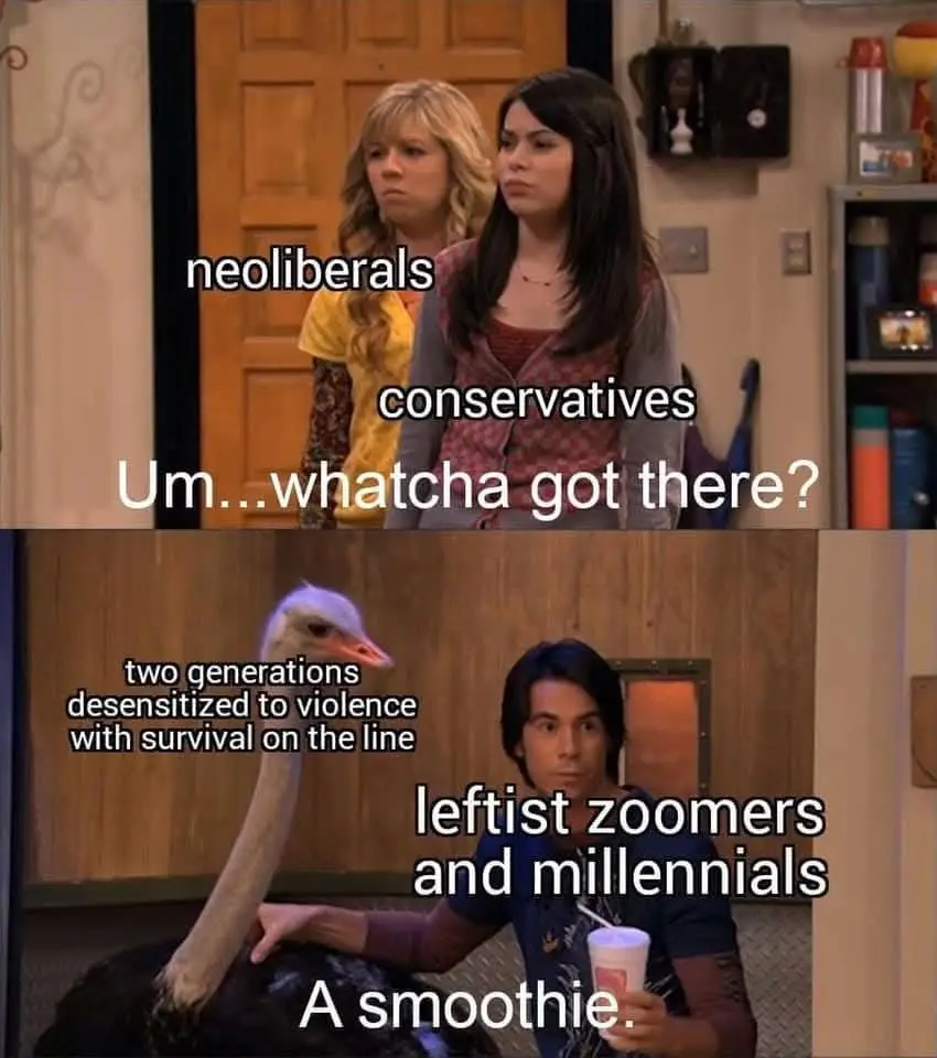 The top panel shows two women labeled 'neoliberals' and 'conservatives' looking confused as they ask 'Um...whatcha got…