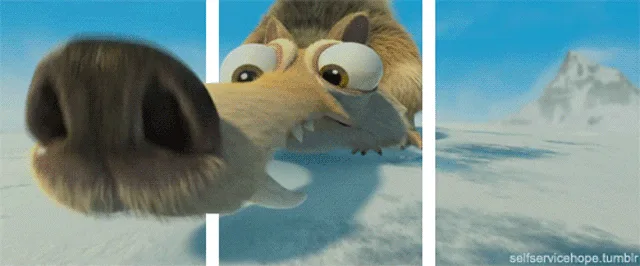 A sequence of images shows the animated character Scrat from Ice Age, initially looking at a distant iceberg with a hopeful…