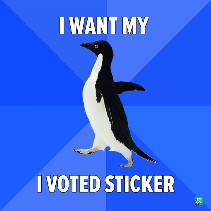 A black-and-white penguin stands on a blue background with diagonal lines, looking slightly to the side. The text "I WANT…