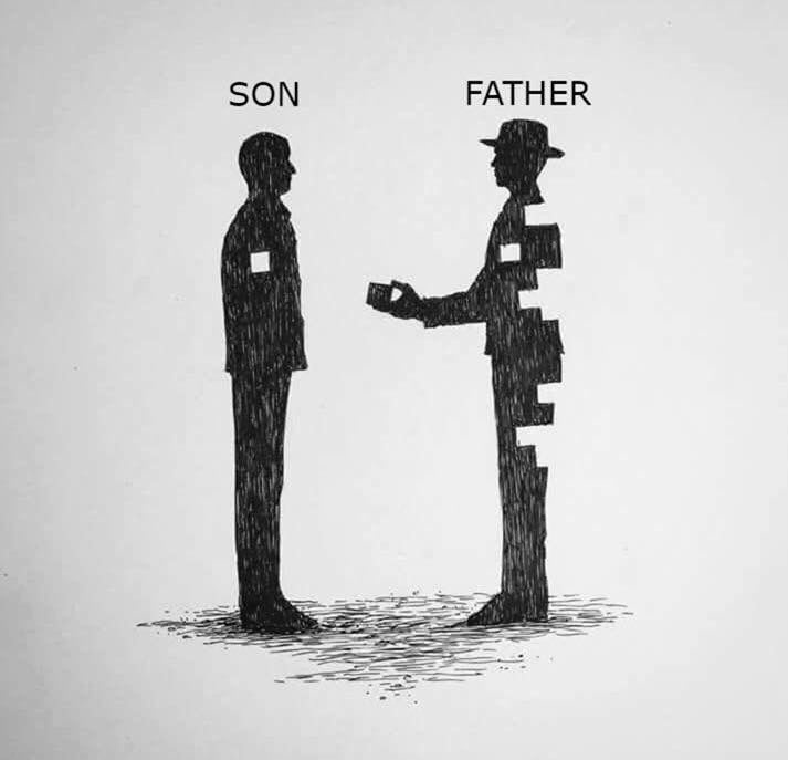 Two black silhouettes stand facing each other, labeled 'SON' and 'FATHER'. The father figure, wearing a hat, is visibly…