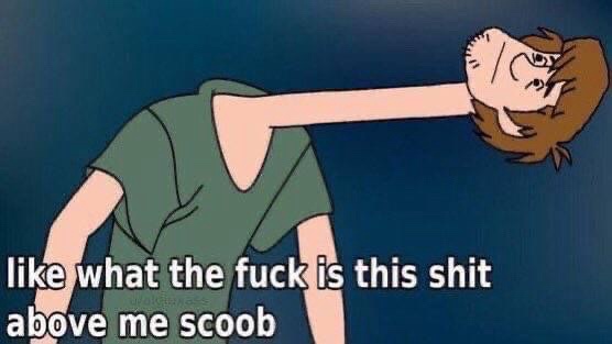An animated character with a grotesquely elongated neck, head tilted back, and eyes closed, wearing a green t-shirt against…