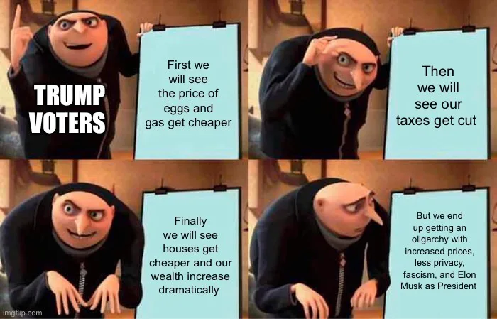A four-panel meme using Gru from Despicable Me, labeled 'TRUMP VOTERS' in the first panel, showing him presenting a series…