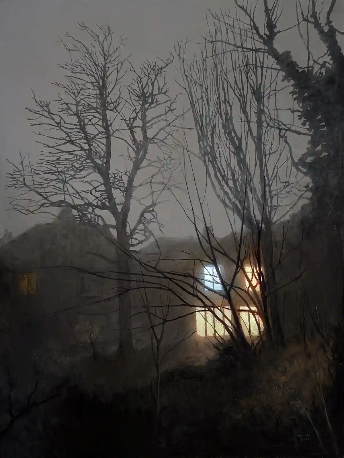 A moody, atmospheric painting depicts a house partially obscured by bare, gnarled trees in a foggy, dimly lit setting…