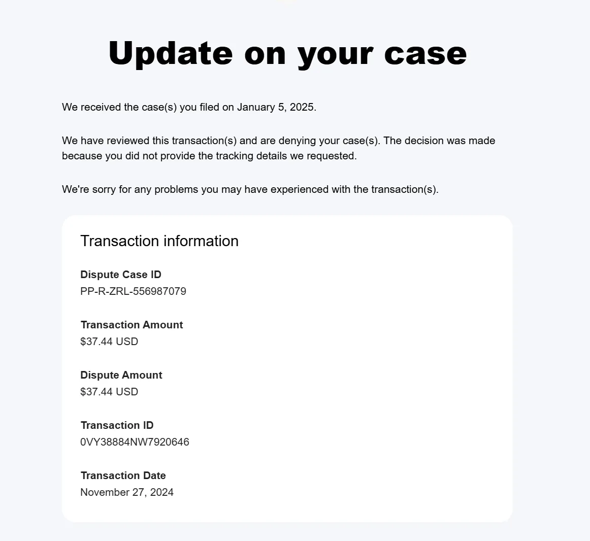 A screenshot of a fake dispute resolution email claiming to be from a payment processor, stating a case filed on January 5…
