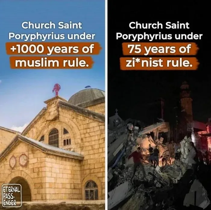 The image is a split-screen meme. The left panel shows a well-preserved, intact stone church under a clear blue sky with…