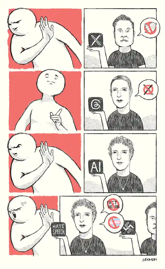 A comic strip shows a cartoon baby reacting to tech CEOs. Elon Musk holds a 'X' logo with a crossed-out bird, Mark…