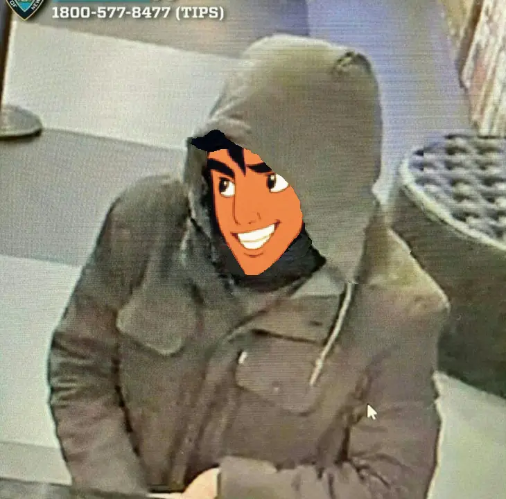 A grainy security camera image shows a person in a dark hooded jacket, but their face has been replaced with the smiling…