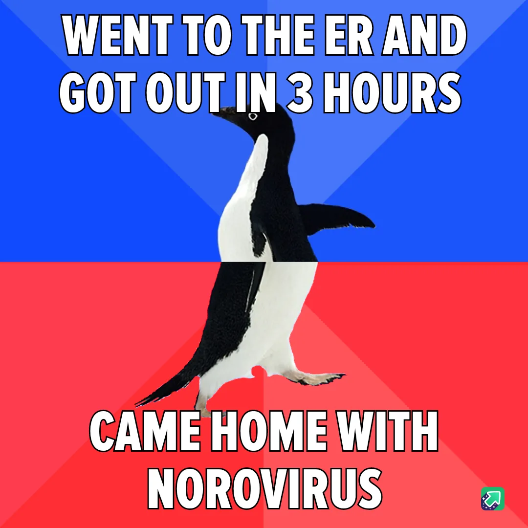 A penguin stands centered against a blue and red background, with bold white text at the top reading 'WENT TO THE ER AND GOT…