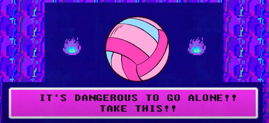 A pixel-art image shows a pink and light blue volleyball centered on a dark blue background, flanked by two small pixelated…