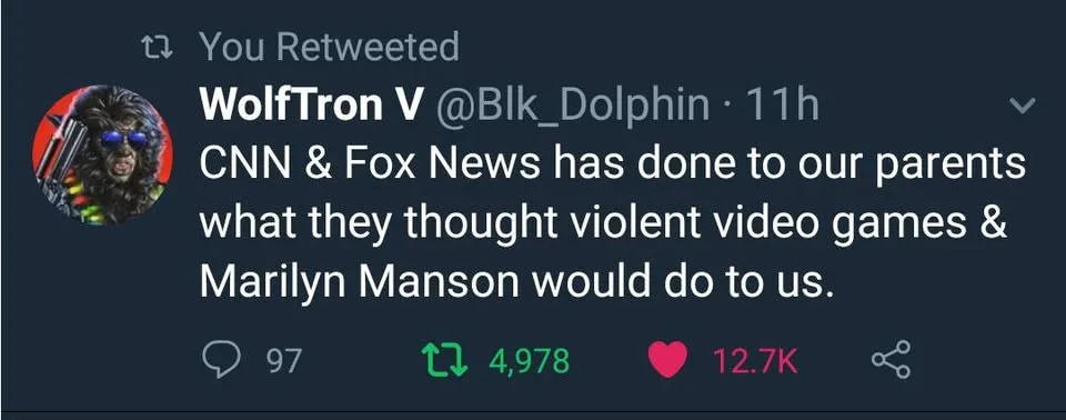 A screenshot of a Twitter post by user WolfTron V (@Blk_Dolphin) showing a tweet that reads 'CNN & Fox News has done to our…