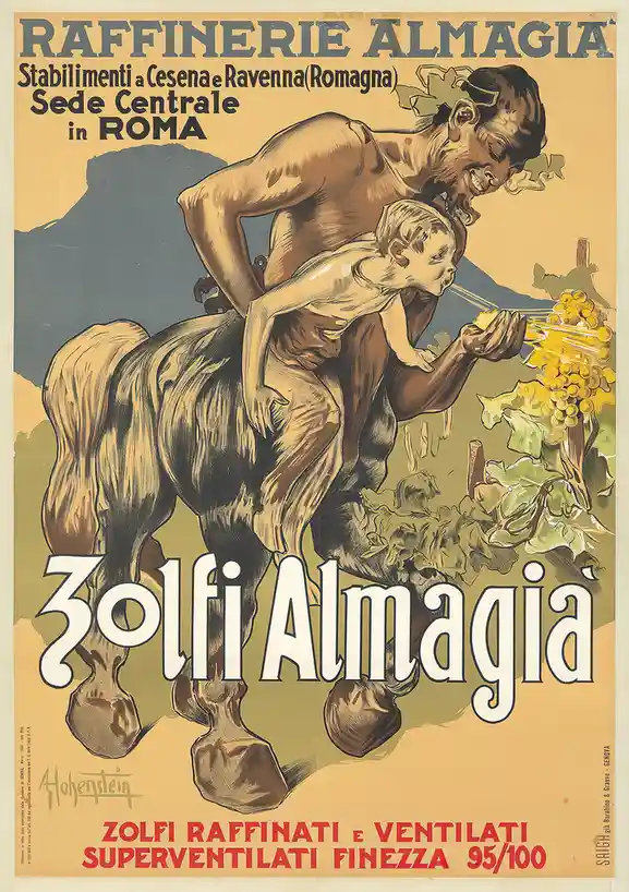 This vintage Italian advertisement poster from 1930 features a muscular, shirtless man with a child on his back, both…