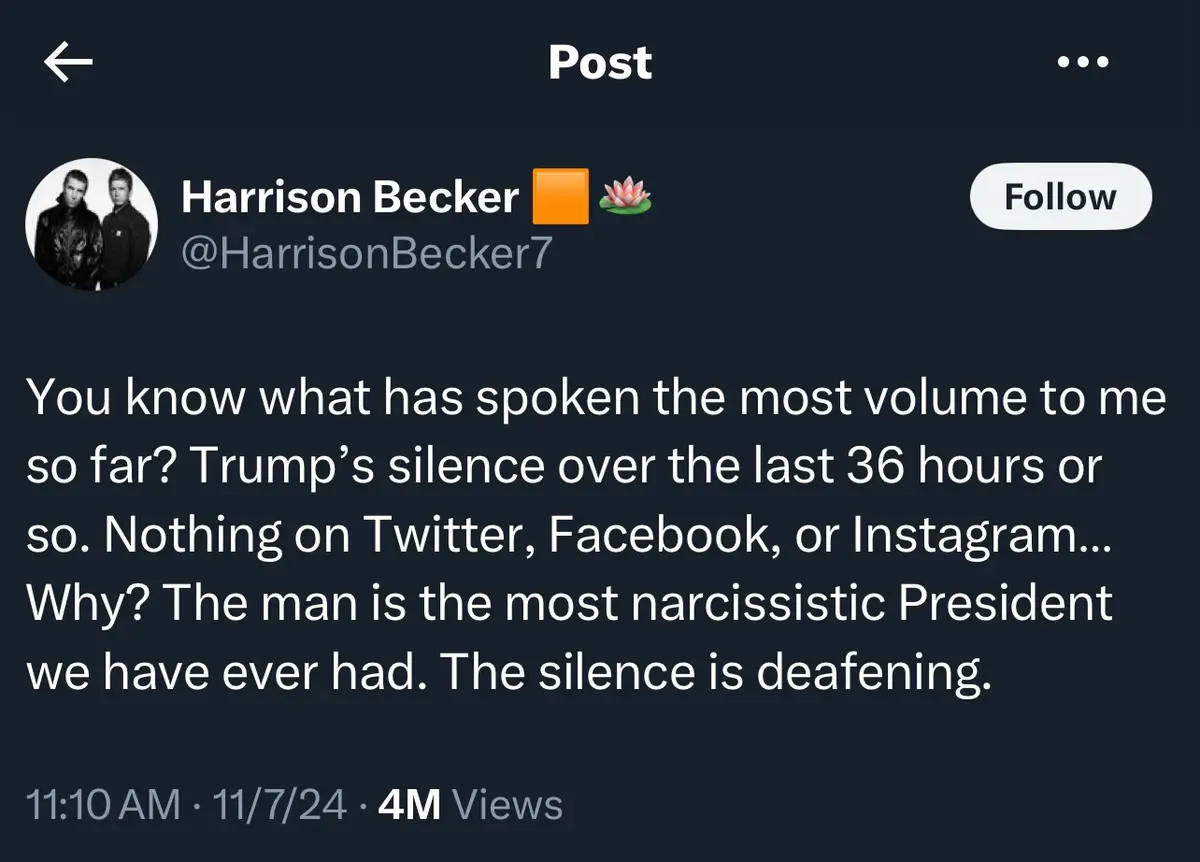 A screenshot of a Twitter post by Harrison Becker, who notes that Donald Trump's silence across social media platforms over…