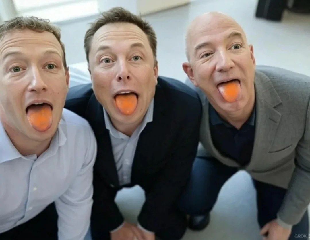 three men, identified as mark zuckerberg, elon musk, and jeff bezos, are photographed from a low angle, each sticking out…