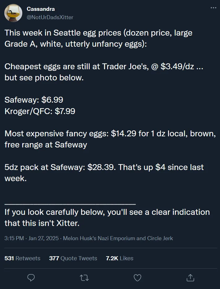 A screenshot of a tweet from a user named Cassandra (@NotUrDadsXitter) detailing a comparison of egg prices in Seattle…