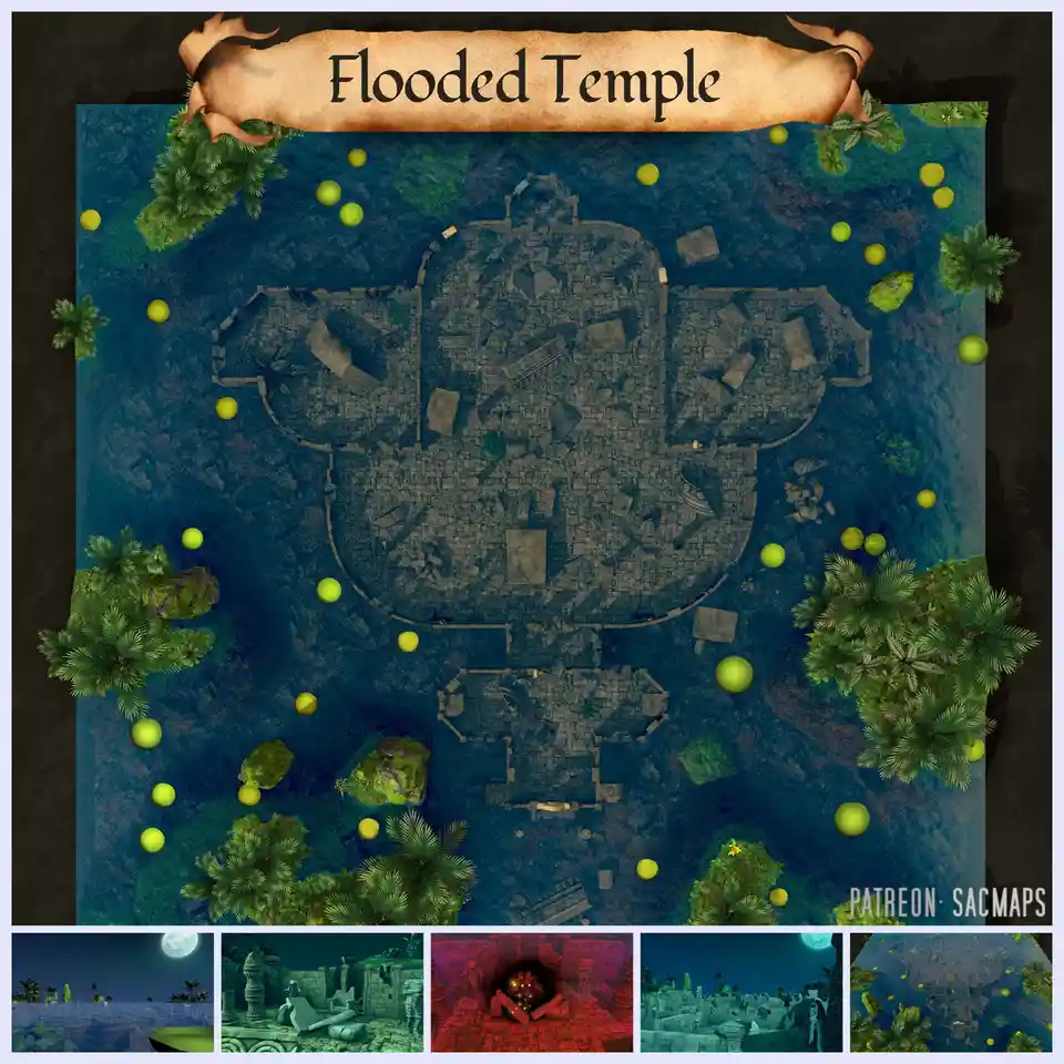 An overhead view of a flooded temple map with stone ruins submerged in blue water, surrounded by green palm trees and yellow…