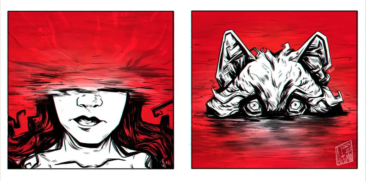 The image displays two panels side-by-side against a red background. The left panel shows a stylized white face with dark…
