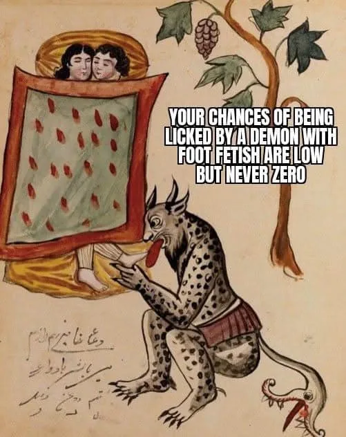 An old-style illustration depicts two people in bed under a blanket, while a spotted demon with horns and a long tail licks…