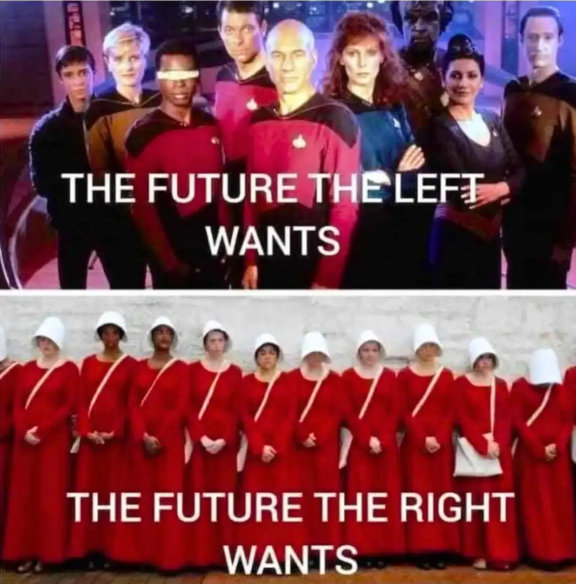 The image is split into two panels. The top panel shows the cast of Star Trek: The Next Generation in their uniforms, with…
