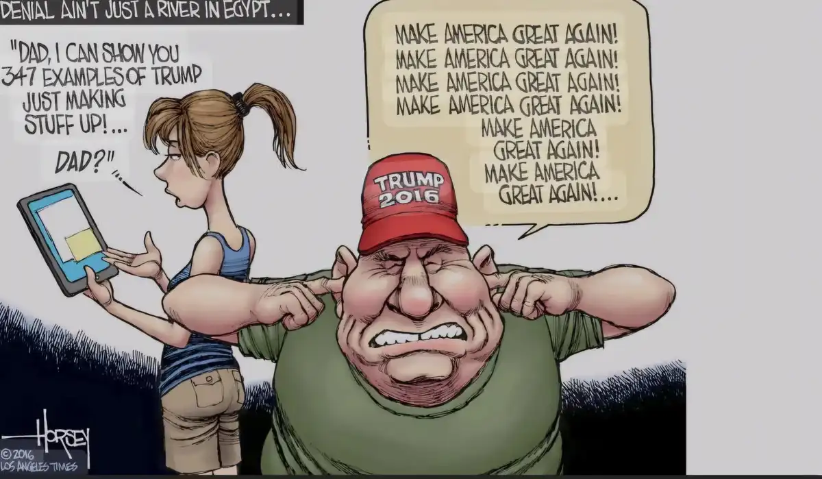 A cartoon depicts a young woman holding a tablet and trying to show her father, who wears a 'TRUMP 2016' cap, evidence of…