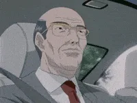 A six-panel animation shows an anime man in a car, starting calm and composed, then progressively panicking with wide eyes…