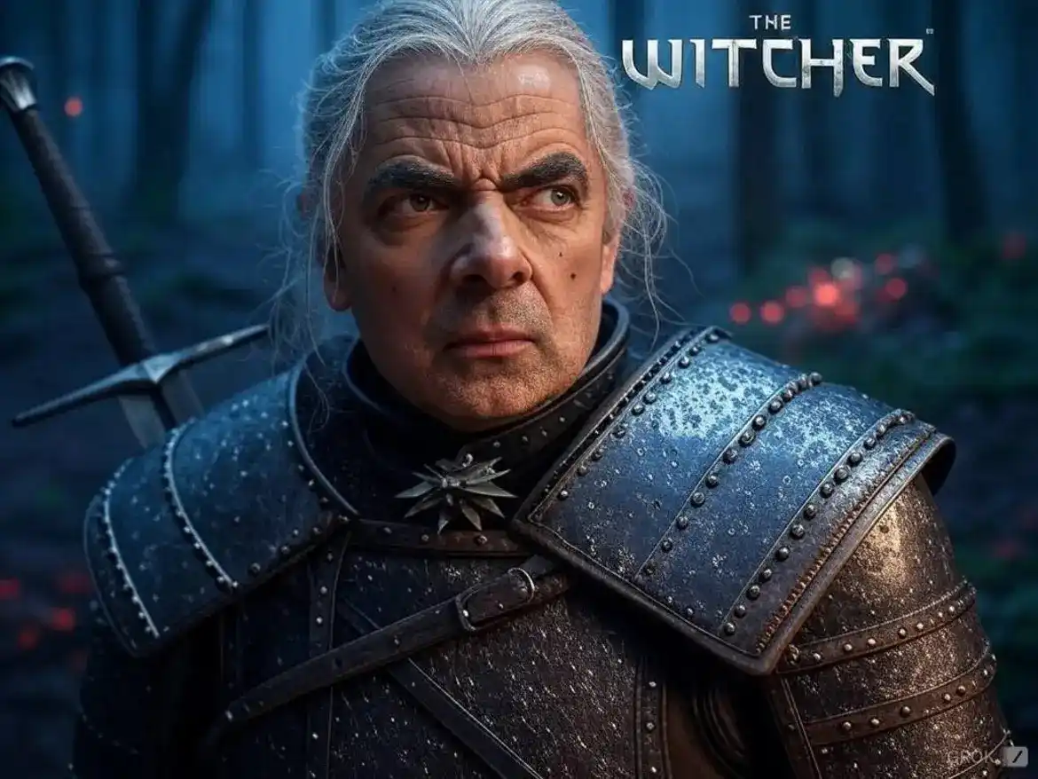 a digitally altered image shows actor roger moore in the armor and iconic silver hair of geralt of rivia from the witcher…