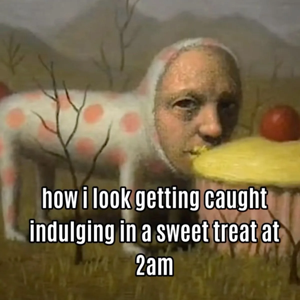 A surreal painting depicts a human face superimposed onto a spotted, four-legged creature resembling a cow or sheep…
