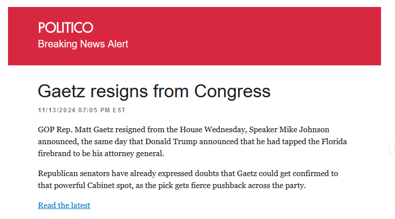 A screenshot of a Politico news article with a red header reading 'POLITICO Breaking News Alert'. The headline reads 'Gaetz…