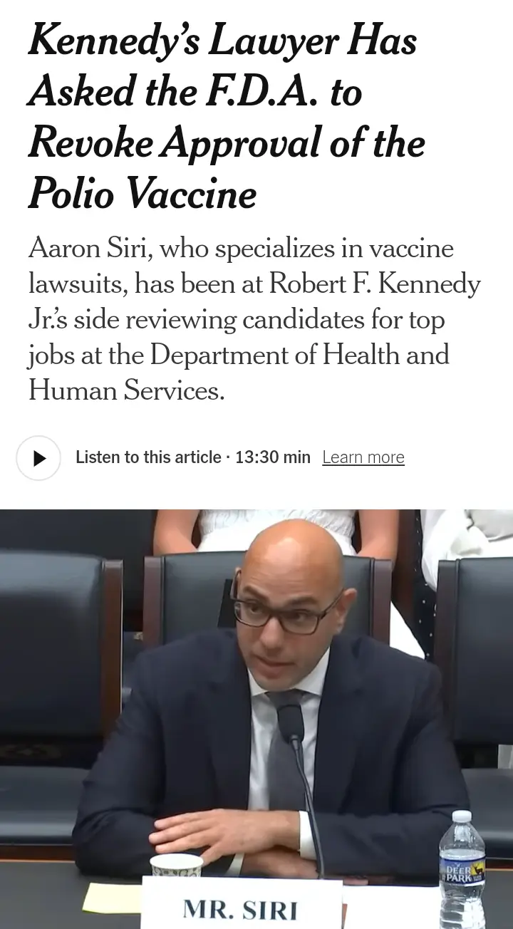 A screenshot of a news article with a headline claiming Kennedy's lawyer asked the FDA to revoke the polio vaccine's…