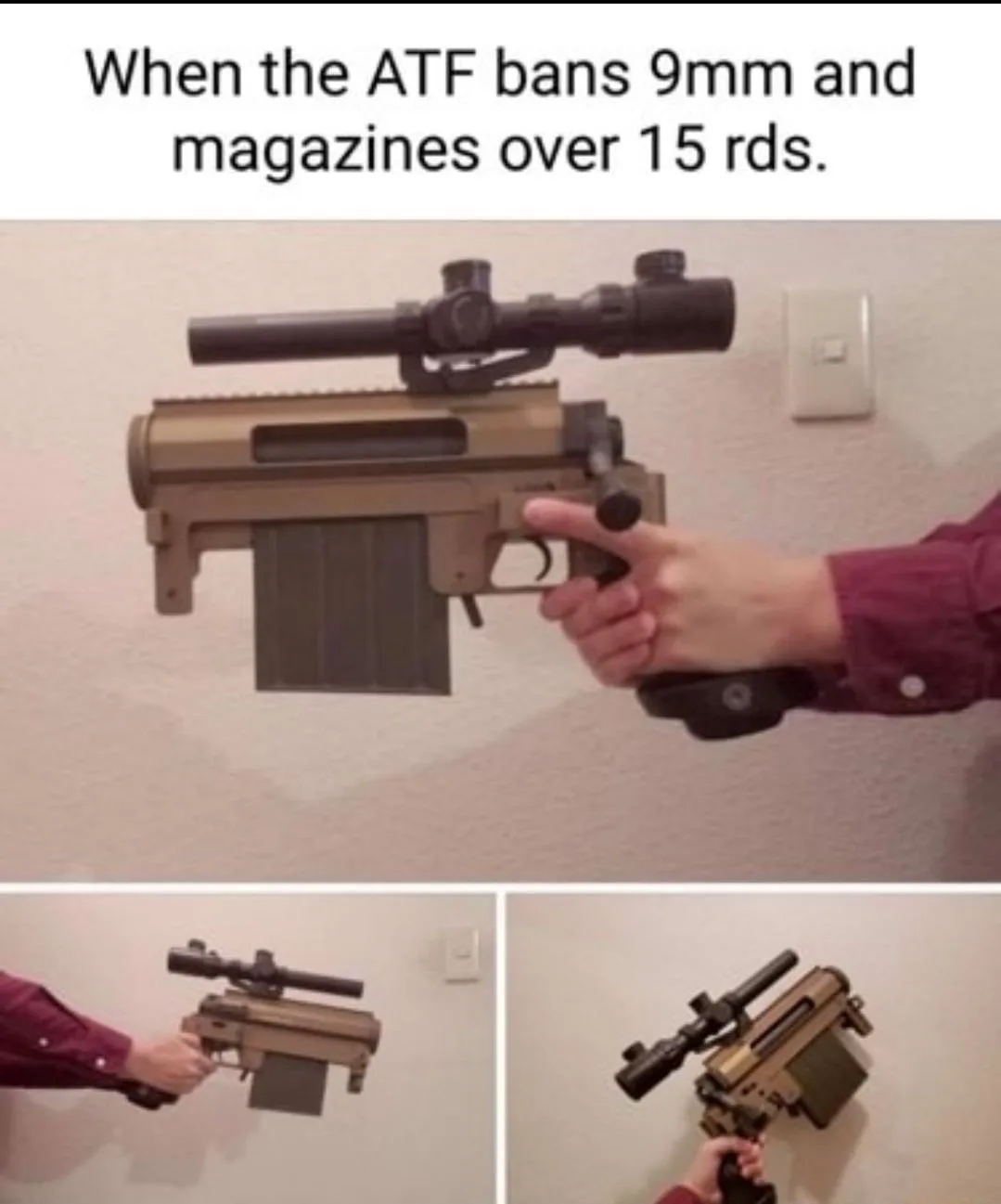 A person in a maroon shirt holds a tan-colored rifle with a scope and a large magazine, seemingly mounted to a wall. The…