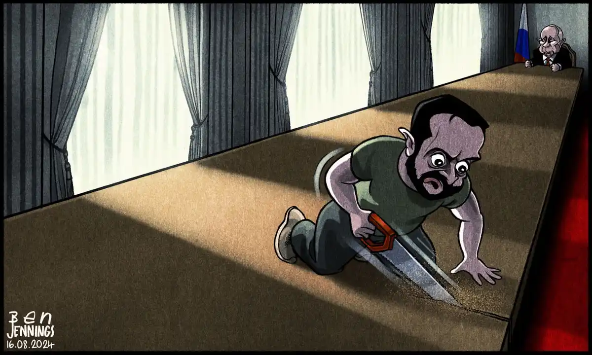 A cartoon man with a beard and pointed ears is crawling on a large table, sawing through its surface with a hand saw. In the…