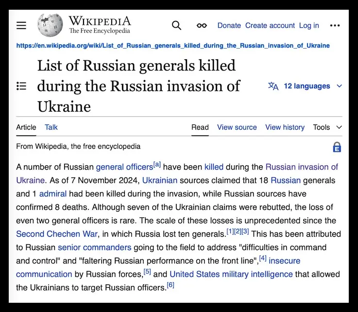 A screenshot of a Wikipedia article titled 'List of Russian generals killed during the Russian invasion of Ukraine' shows…