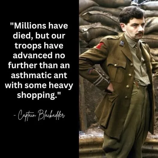 A split-screen image shows a man in a World War I-era British military uniform standing with one hand on his hip in front of…