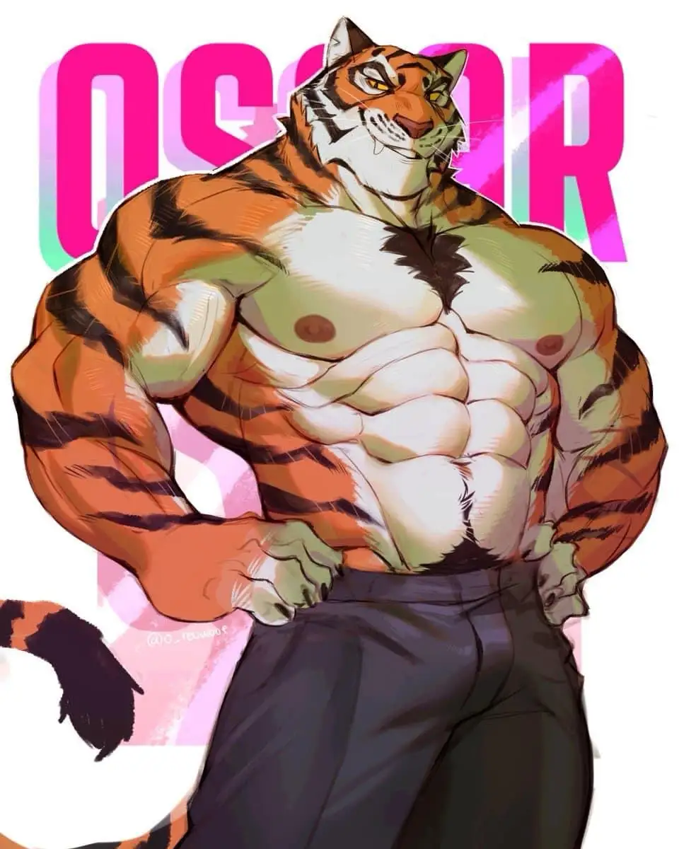 A muscular anthropomorphic tiger with orange fur and black stripes stands confidently with hands on hips, wearing dark…