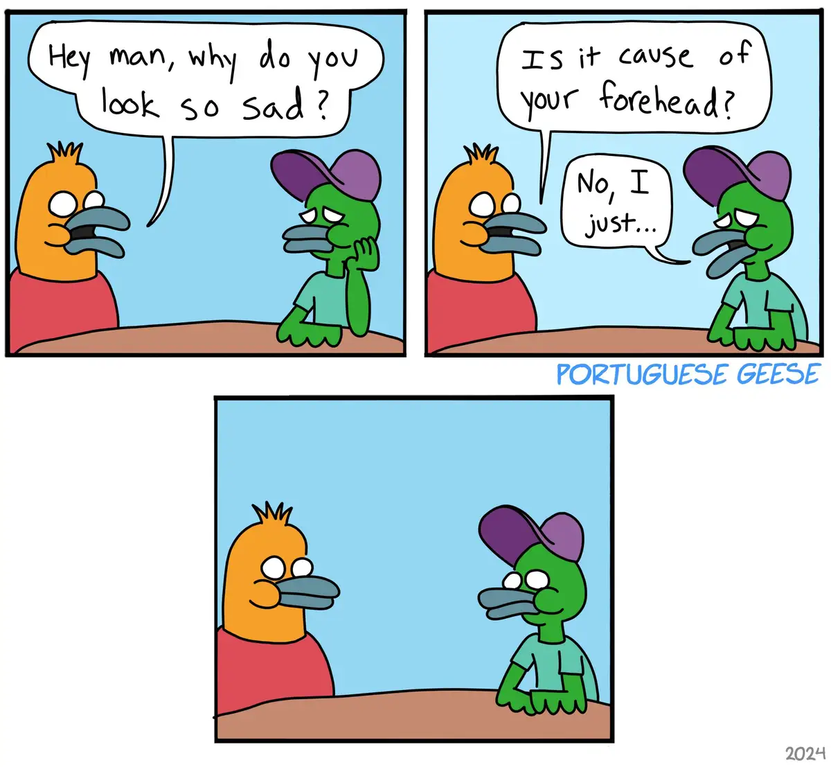 A three-panel comic featuring two anthropomorphic geese. In the first panel, an orange goose asks a sad green goose why he…
