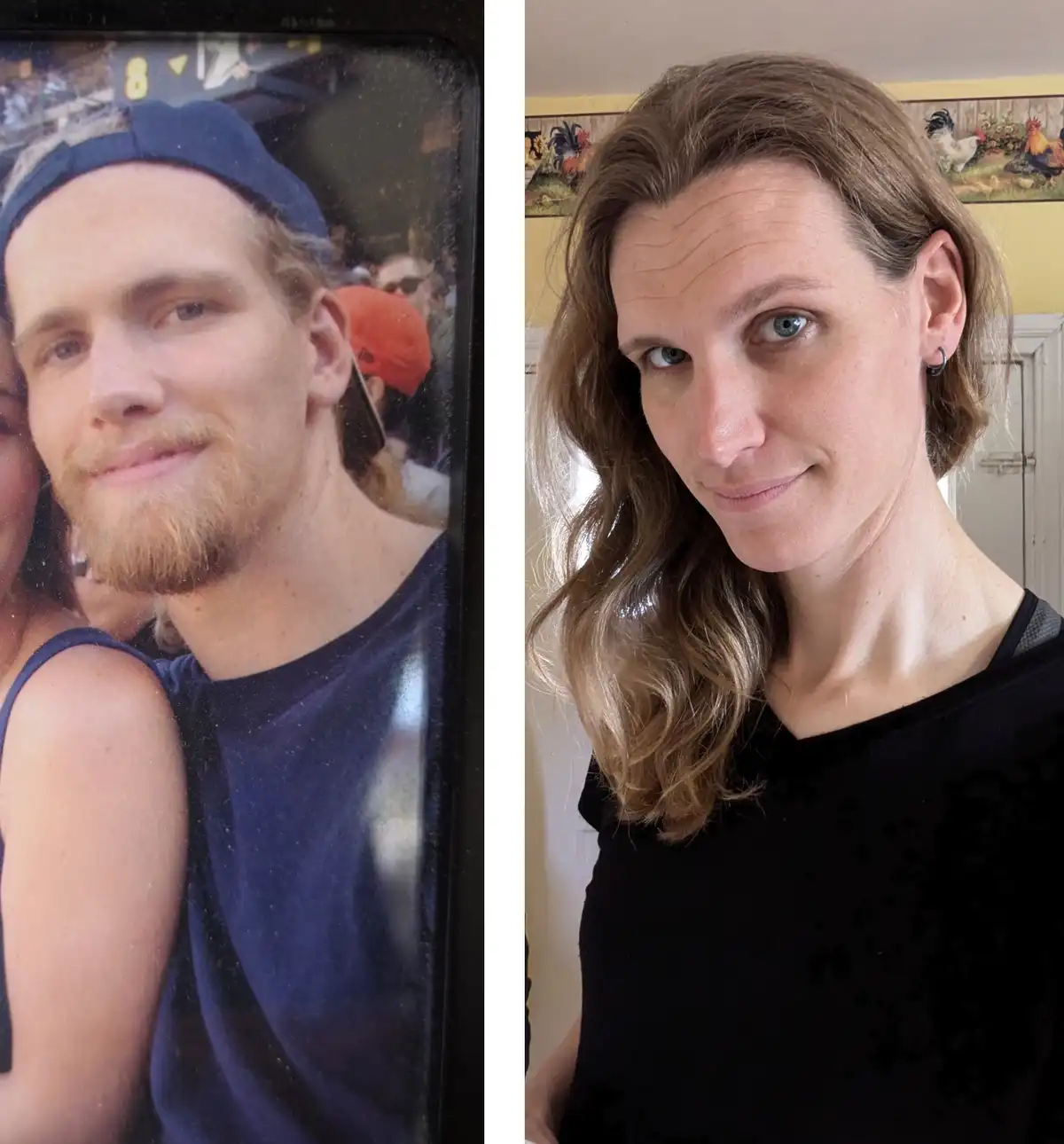 The image displays a side-by-side comparison: on the left, a man with a beard and blue cap smiling in a crowded setting; on…