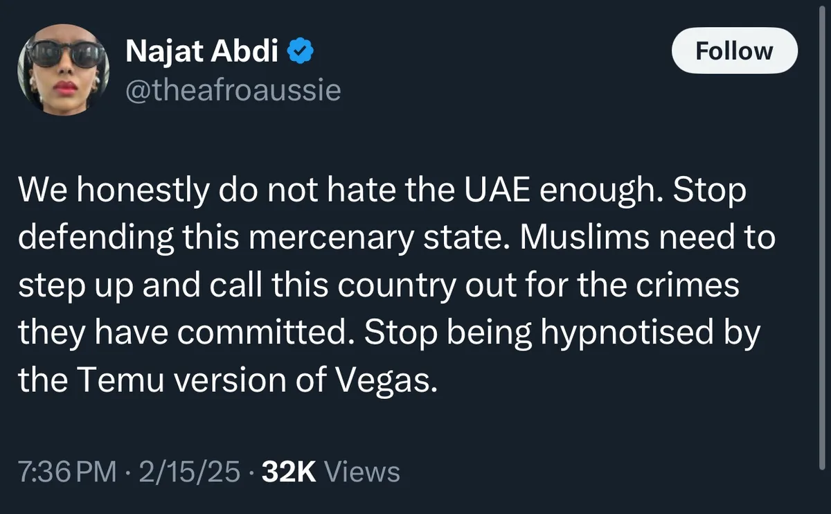 A screenshot of a tweet by verified user Najat Abdi (@theafroaussie) with a dark background. The tweet text criticizes the…