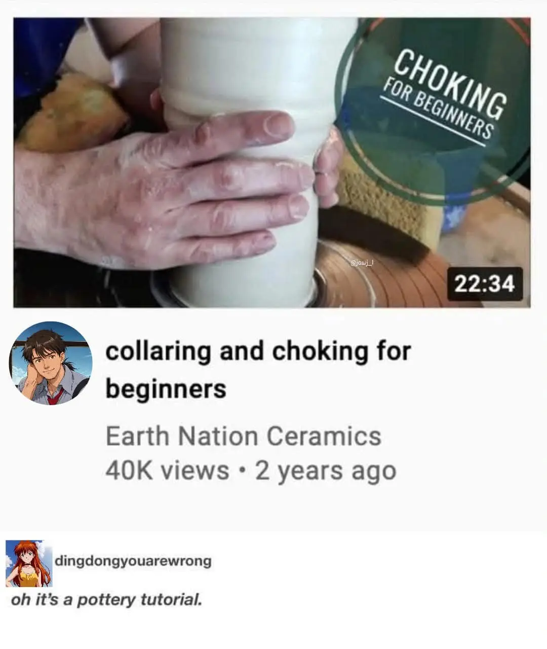 A screenshot of a YouTube video thumbnail shows a person's hands shaping clay on a pottery wheel. A green circular graphic…