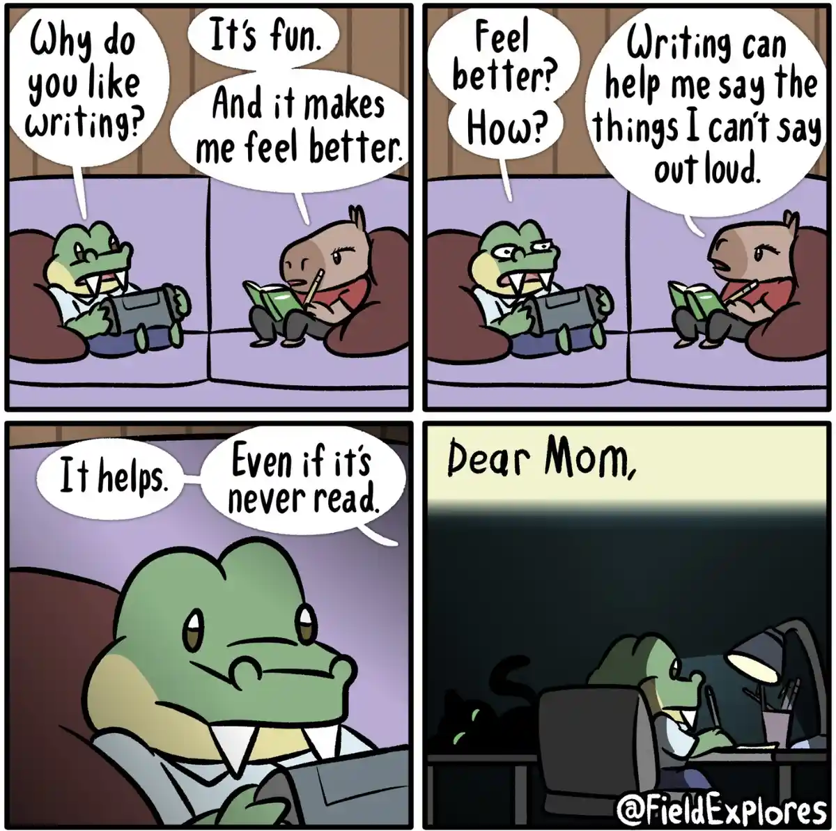 A four-panel comic strip featuring two anthropomorphic animals, a crocodile and a capybara, discussing the therapeutic value…
