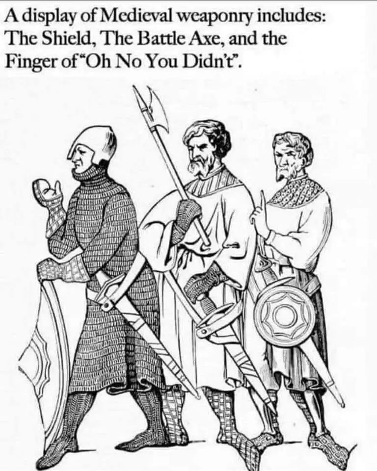 A black-and-white line drawing shows three medieval warriors in armor. The leftmost warrior holds a shield and a sword. The…