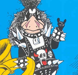 A cartoon pig with wild black hair, wearing a spiked black and white outfit with a skull patch, makes a rock hand gesture…