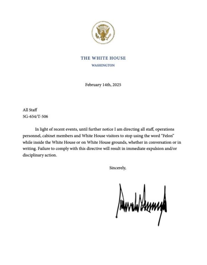A fake White House memo dated February 14th, 2025, addressed to 'All Staff' with a presidential signature, instructs staff…