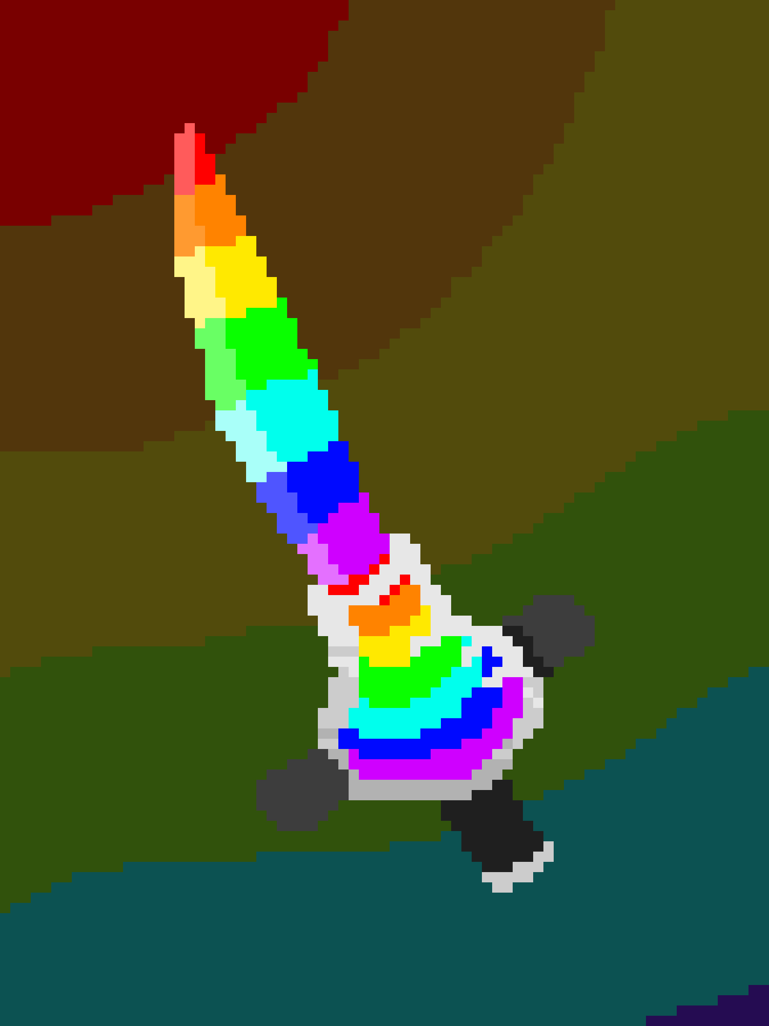 A pixelated, low-resolution image shows a sword with a rainbow-colored blade and hilt, held by a character in a white outfit…