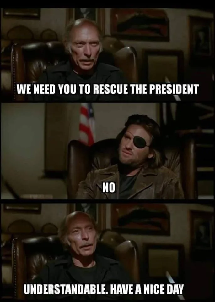 A three-panel meme from the movie 'The Long Kiss Goodnight' shows a man in a leather chair being asked to rescue the…